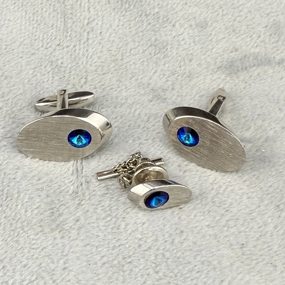 Vintage‎ Cuff Links Blue Rhinestone Silver Tone